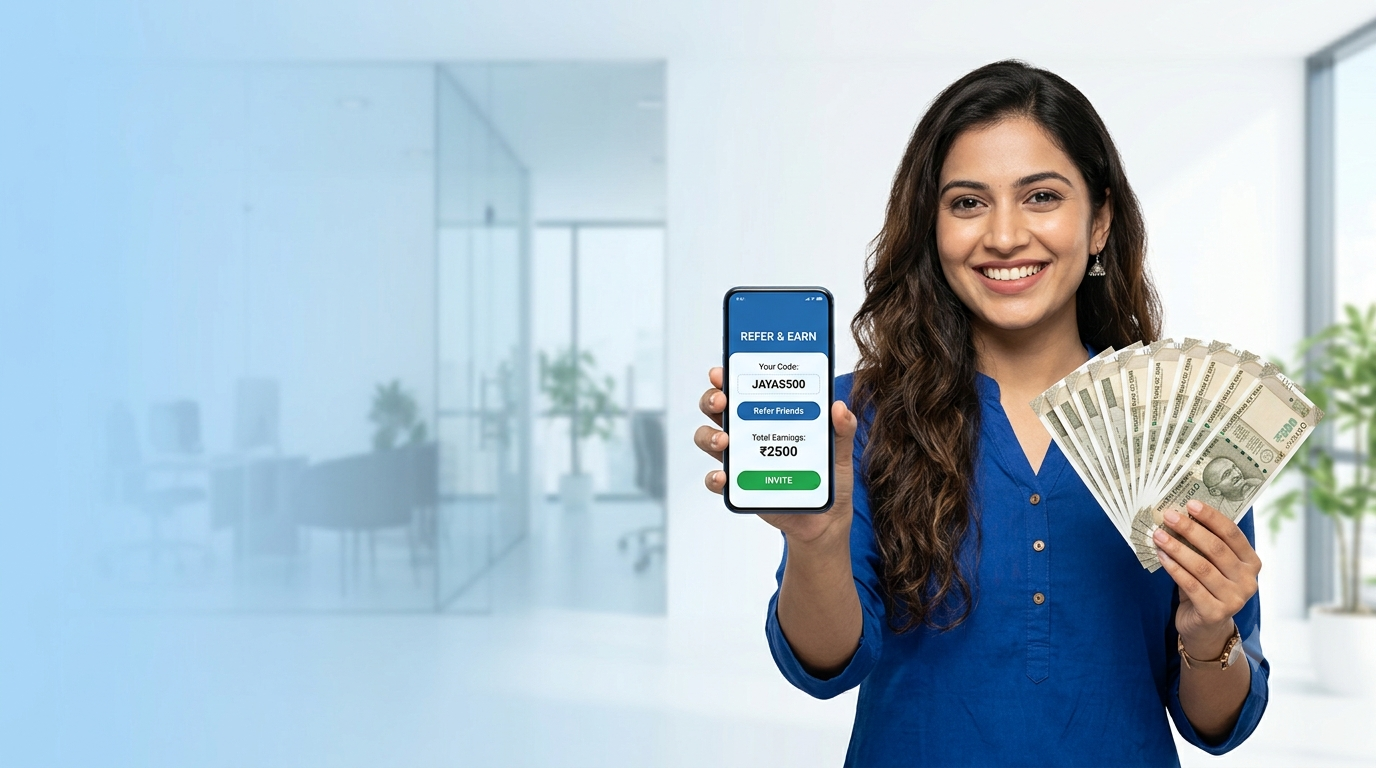 Webappo Refer & Earn — woman showing referral app and cash rewards